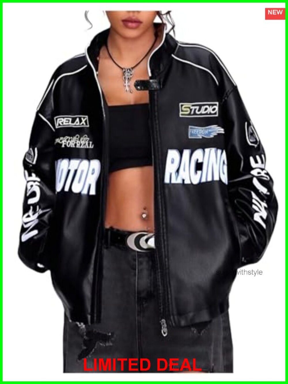 Faux Leather Racer Jacket Graphic Streetwear Oversized Coat